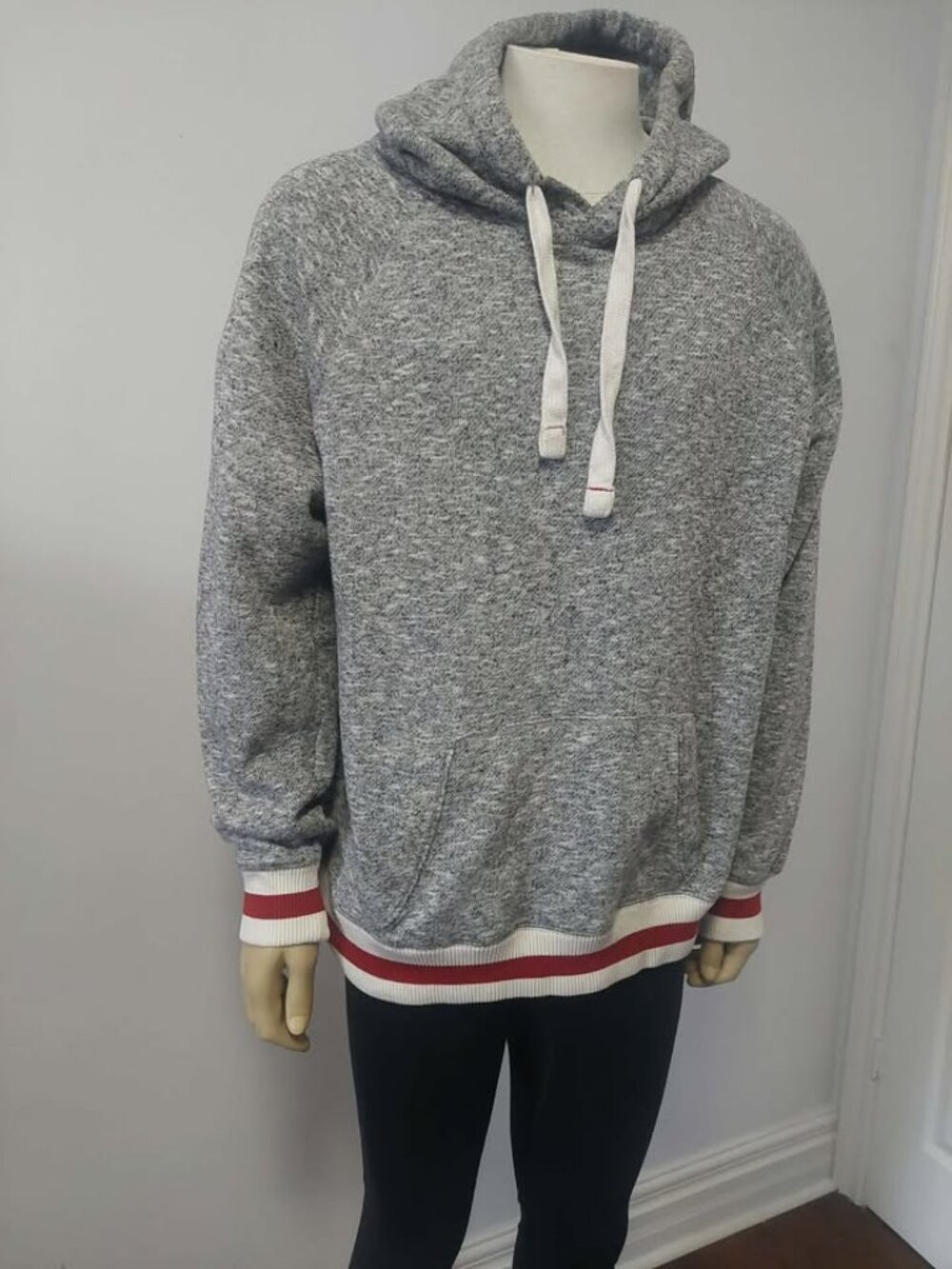 Cabin Fever Grey Hoodie - Red & White Striped Cuffs (Roots Style) XL  GUC